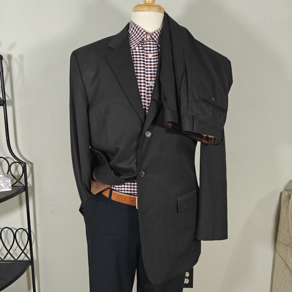 Van Heusen Men's 2PC Suit & Pant Brown Striped Poly Blend Size 42L / 34x32